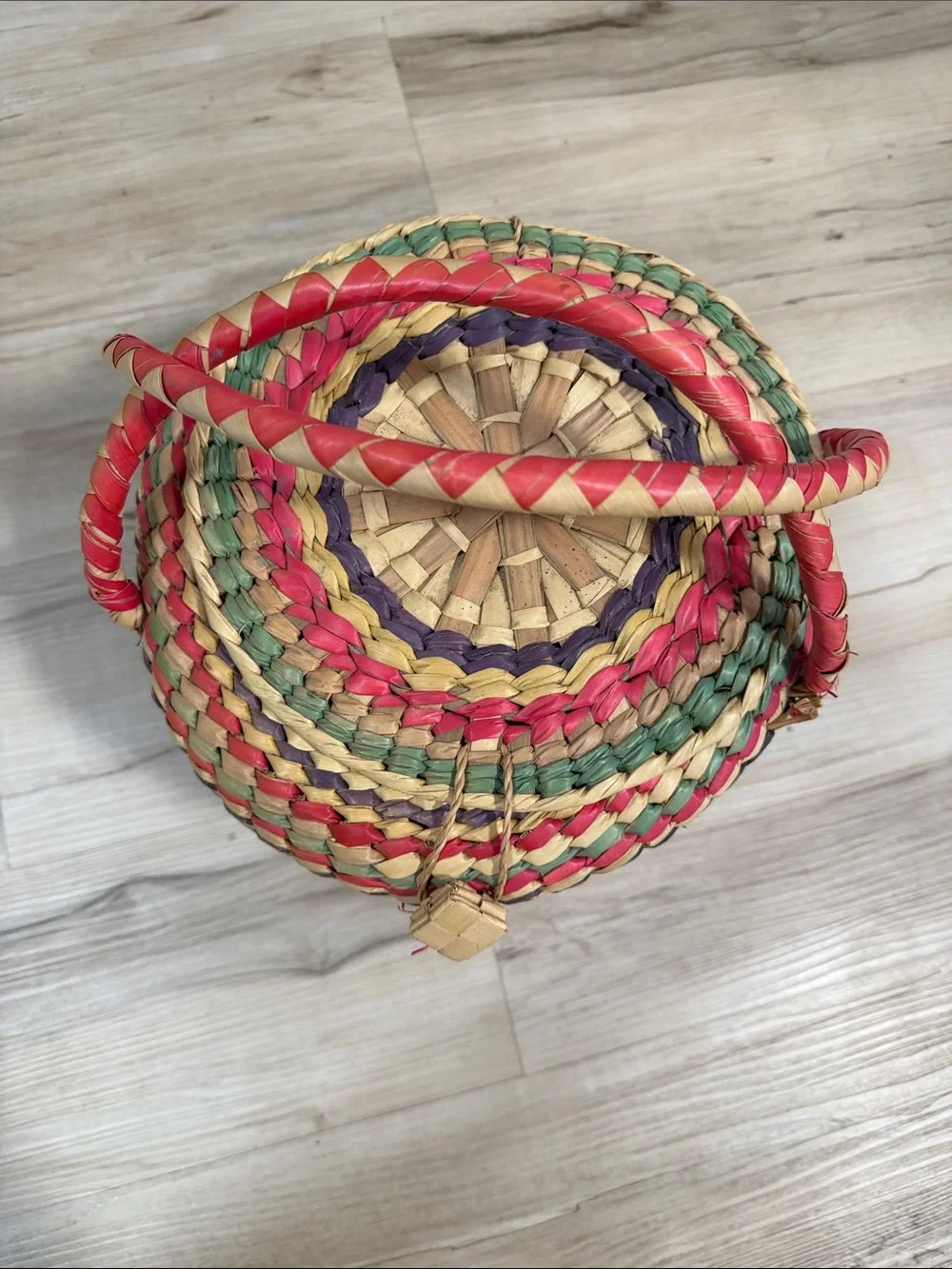 Vintage Colorful Woven Basket Purse Lidded Boho Folk Art Handbag